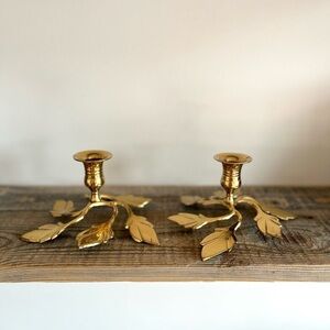 Brass leaf base candlesticks set 2